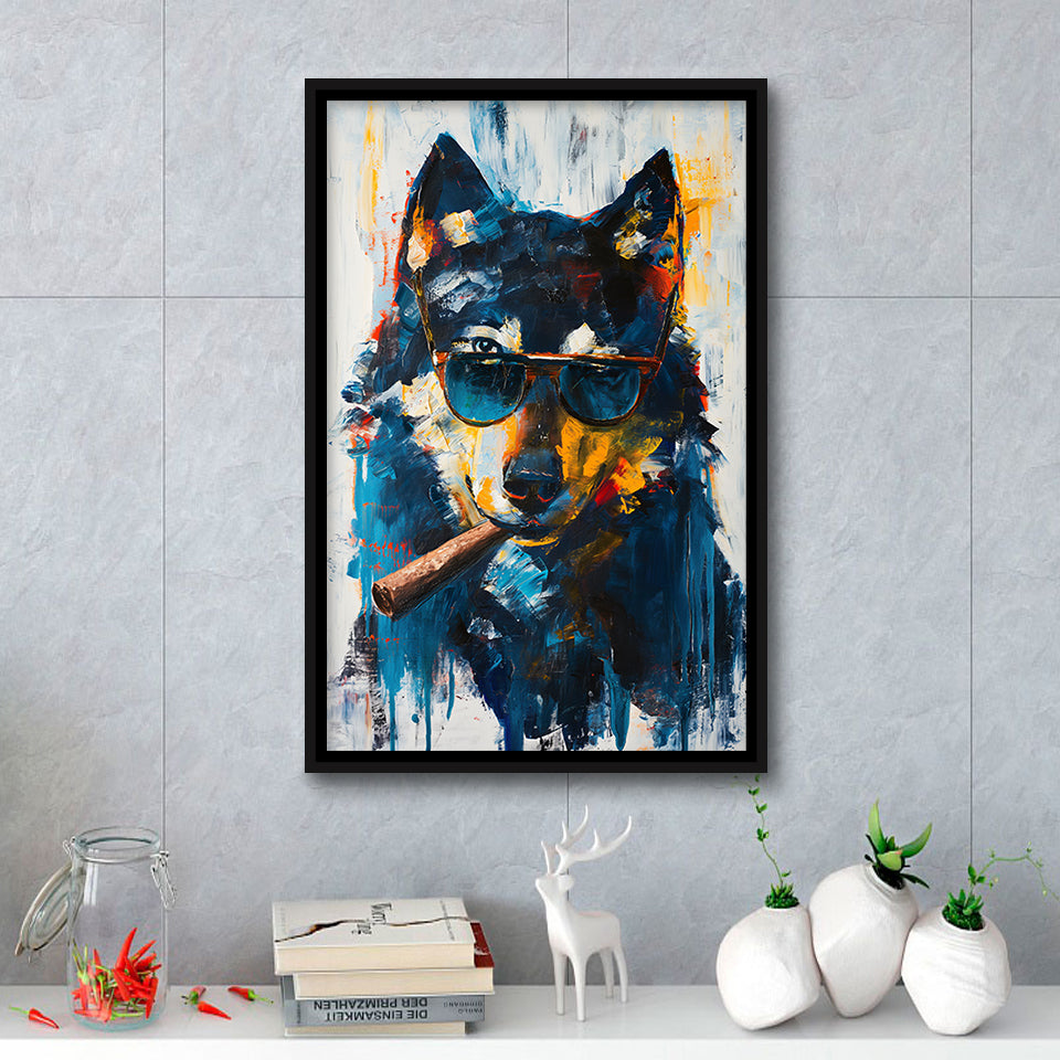 Black Wolf Wearing Sungglasses And Smooking Cigar V1, Framed Canvas Prints Wall Art Decor, Floarting Frame Painting Canvas Art