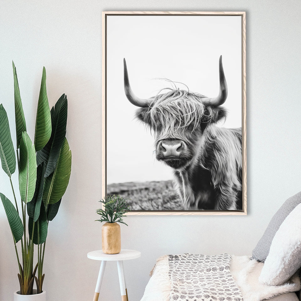 Black And White Baby Highland Cow V1, Framed Canvas Painting, Framed Canvas Prints Wall Art Decor