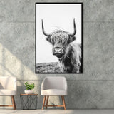 Black And White Baby Highland Cow V1, Framed Canvas Painting, Framed Canvas Prints Wall Art Decor