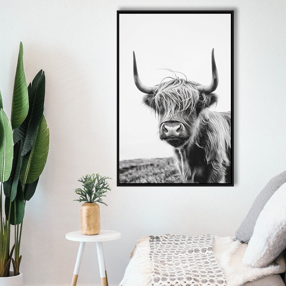 Black And White Baby Highland Cow V1, Framed Canvas Painting, Framed Canvas Prints Wall Art Decor