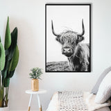 Black And White Baby Highland Cow V1, Framed Canvas Painting, Framed Canvas Prints Wall Art Decor