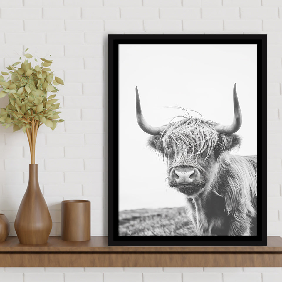 Black And White Baby Highland Cow V1, Framed Canvas Painting, Framed Canvas Prints Wall Art Decor