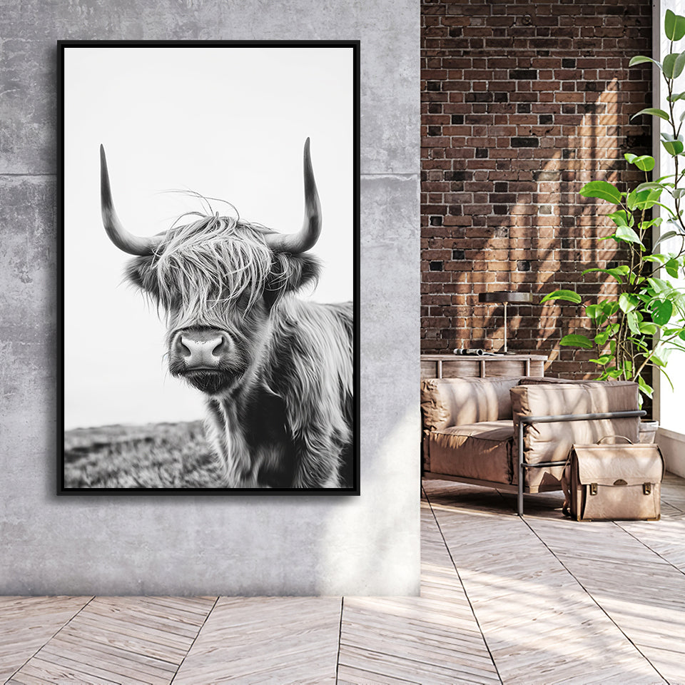 Black And White Baby Highland Cow V1, Framed Canvas Painting, Framed Canvas Prints Wall Art Decor