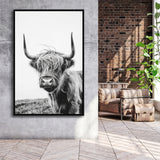 Black And White Baby Highland Cow V1, Framed Canvas Painting, Framed Canvas Prints Wall Art Decor