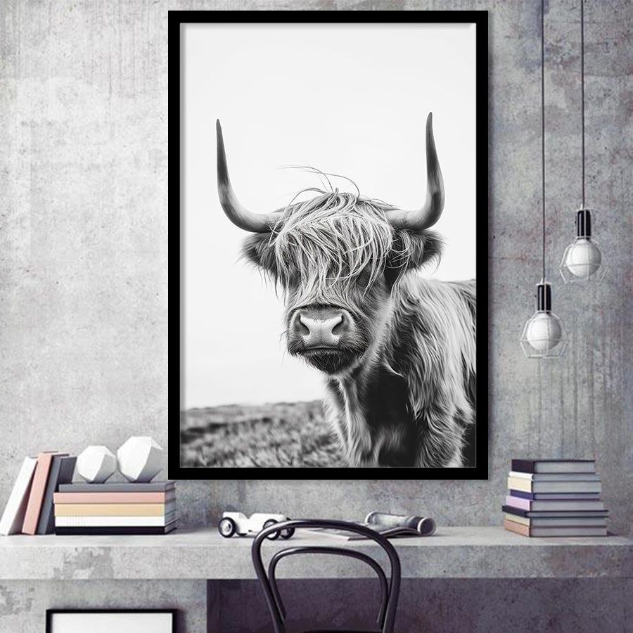 Black And White Baby Highland Cow V1, Framed Art Print Wall Decor, Framed Picture