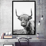Black And White Baby Highland Cow V1, Framed Art Print Wall Decor, Framed Picture
