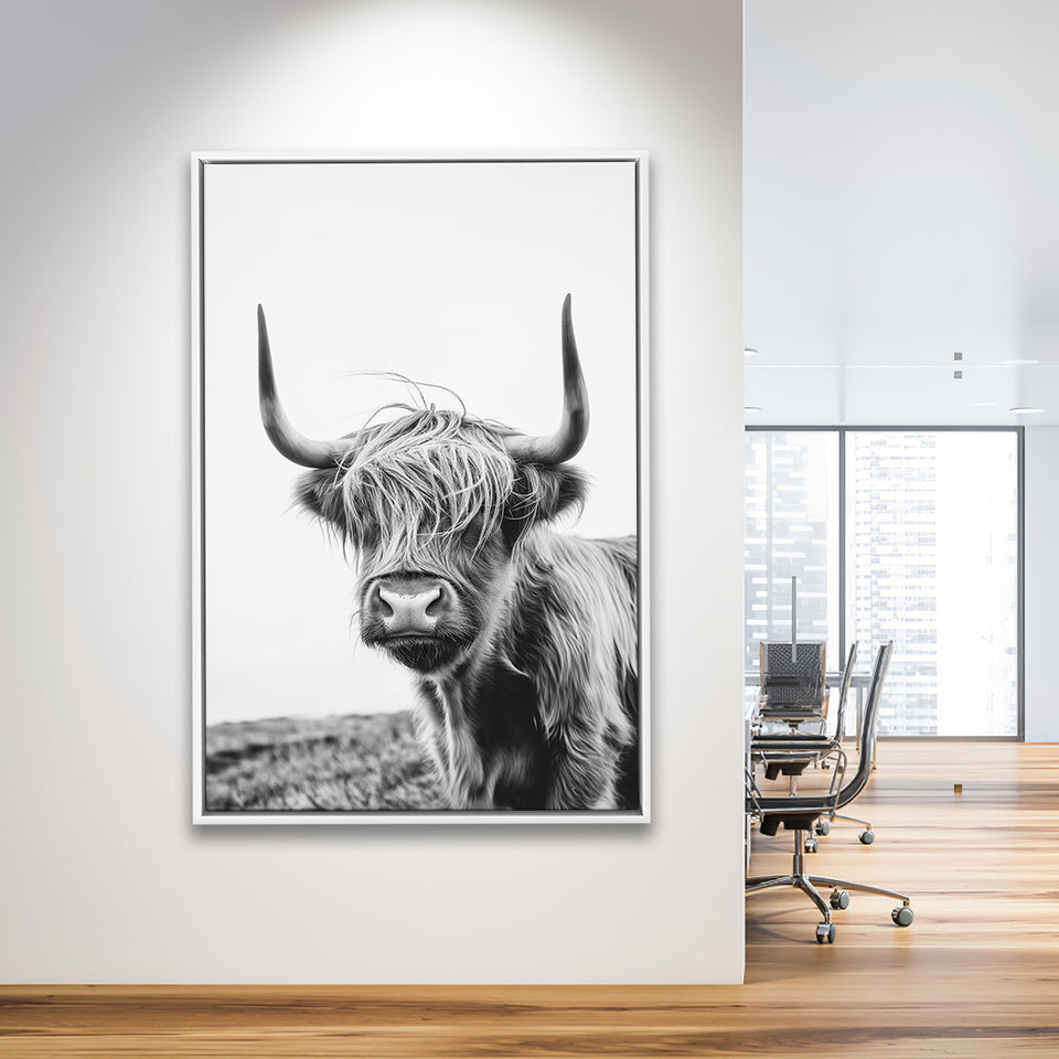 Black And White Baby Highland Cow V1, Framed Canvas Painting, Framed Canvas Prints Wall Art Decor