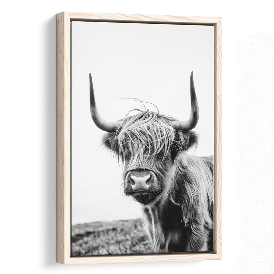 Black And White Baby Highland Cow V1, Framed Canvas Painting, Framed Canvas Prints Wall Art Decor