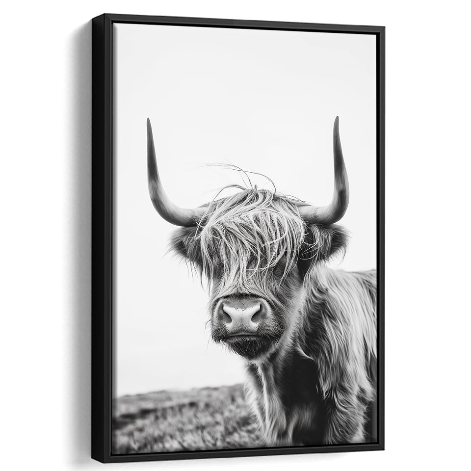 Black And White Baby Highland Cow V1, Framed Canvas Painting, Framed Canvas Prints Wall Art Decor