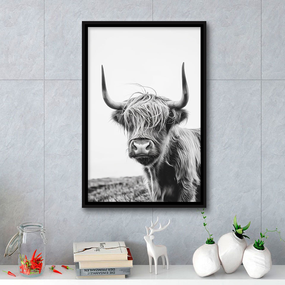 Black And White Baby Highland Cow V1, Framed Canvas Painting, Framed Canvas Prints Wall Art Decor
