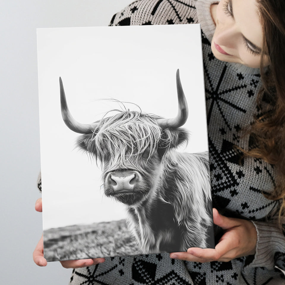 Black And White Baby Highland Cow V1, Canvas Painting, Canvas Prints Wall Art Decor