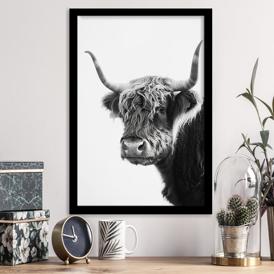 Black And White Baby Highland Cow V2, Framed Art Print Wall Decor, Framed Picture