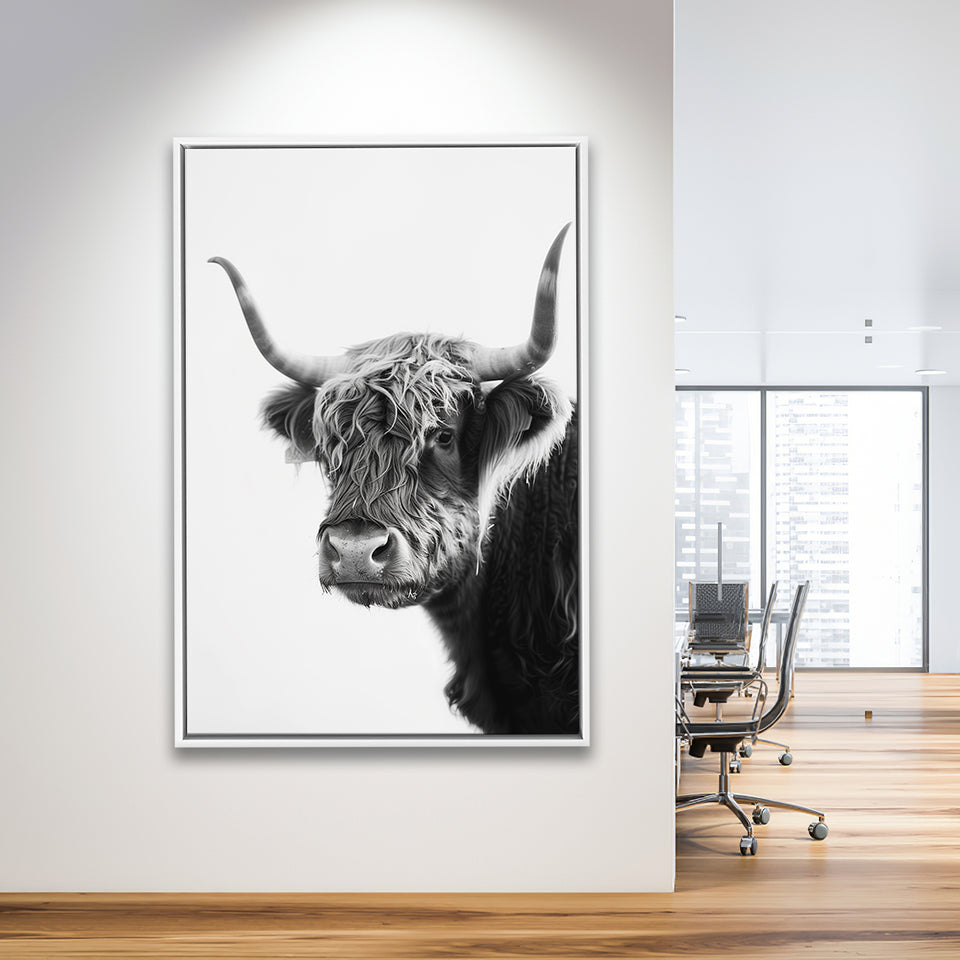 Black And White Baby Highland Cow V2, Framed Canvas Painting, Framed Canvas Prints Wall Art Decor