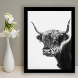 Black And White Baby Highland Cow V2, Framed Art Print Wall Decor, Framed Picture