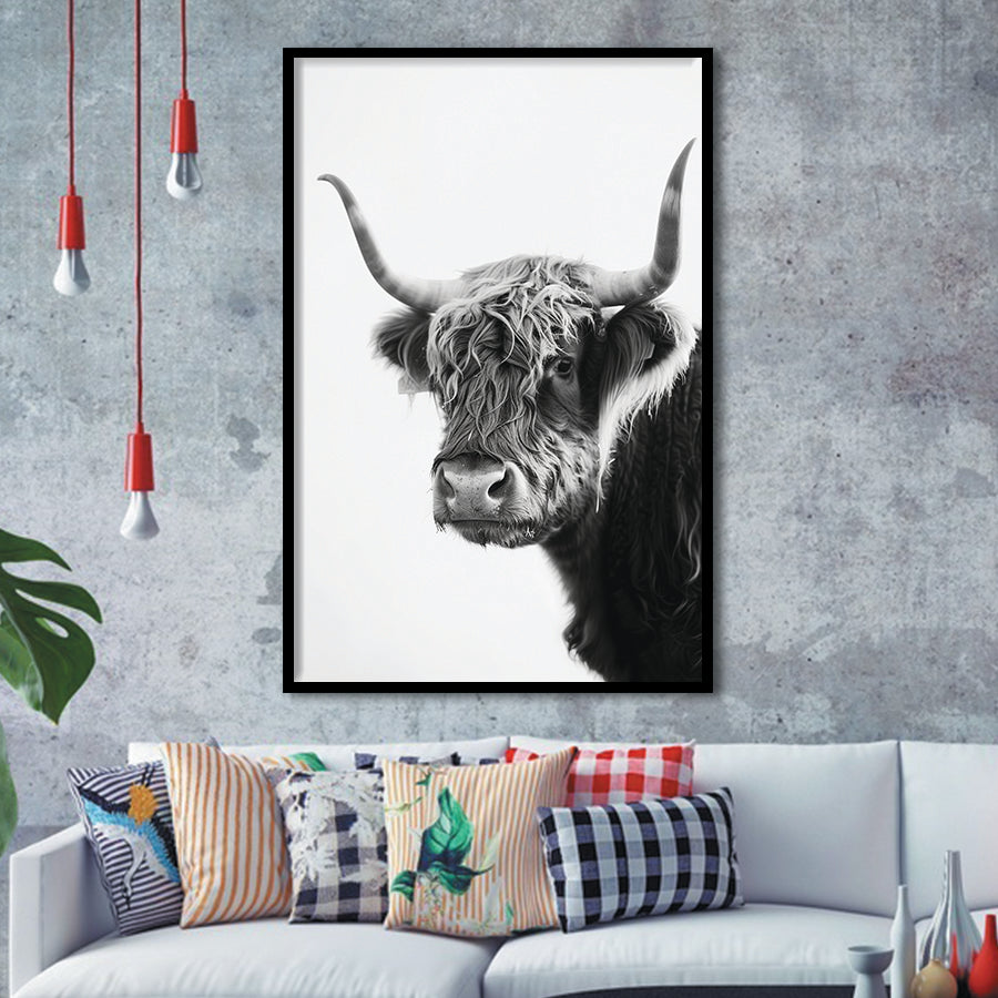 Black And White Baby Highland Cow V2, Framed Art Print Wall Decor, Framed Picture