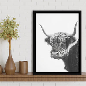 Black And White Baby Highland Cow V2, Framed Canvas Painting, Framed Canvas Prints Wall Art Decor