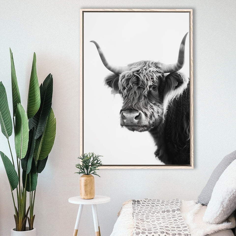 Black And White Baby Highland Cow V2, Framed Canvas Painting, Framed Canvas Prints Wall Art Decor