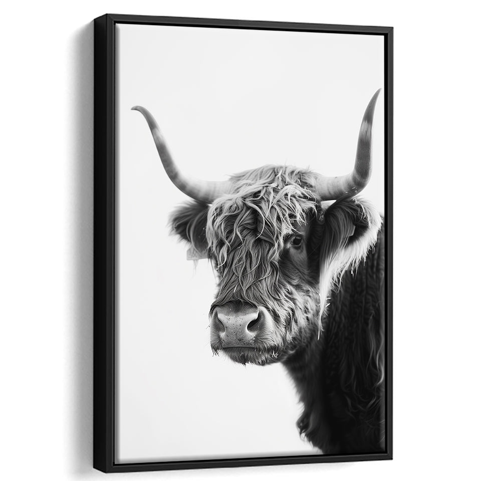 Black And White Baby Highland Cow V2, Framed Canvas Painting, Framed Canvas Prints Wall Art Decor
