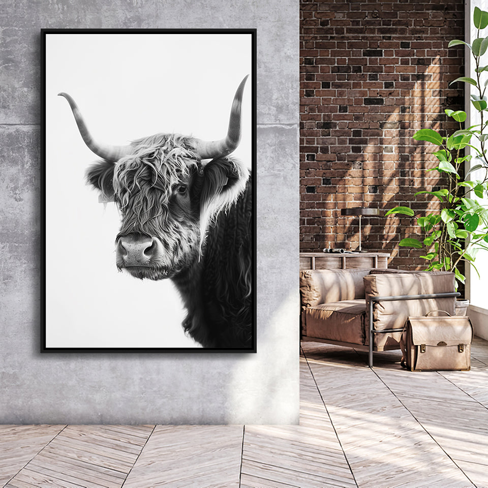 Black And White Baby Highland Cow V2, Framed Canvas Painting, Framed Canvas Prints Wall Art Decor