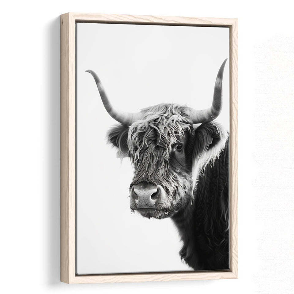 Black And White Baby Highland Cow V2, Framed Canvas Painting, Framed Canvas Prints Wall Art Decor