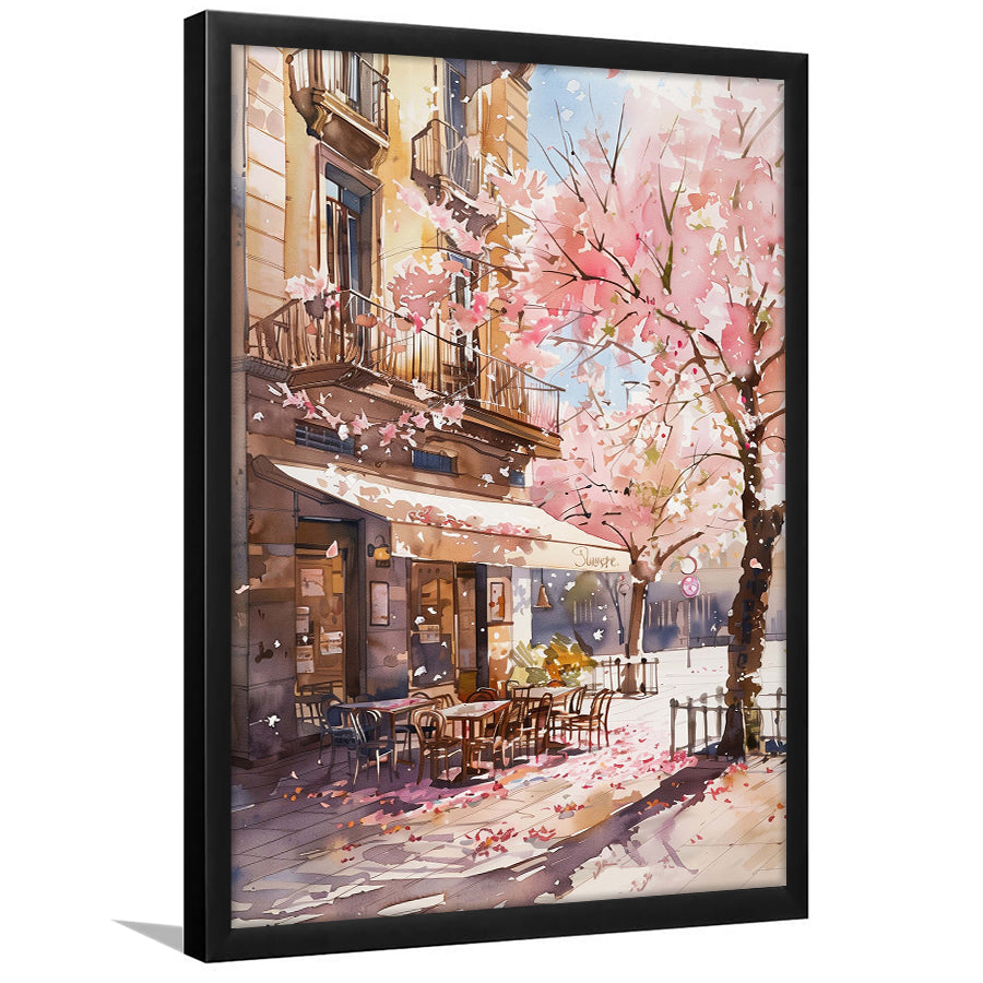 Blossoming Cherry Street Scence Springtime Serenade, Café Spring Watercolor, Framed Art Print, Fine Art Wall Decor