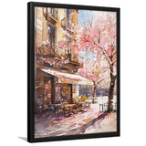 Blossoming Cherry Street Scence Springtime Serenade, Café Spring Watercolor, Framed Art Print, Fine Art Wall Decor