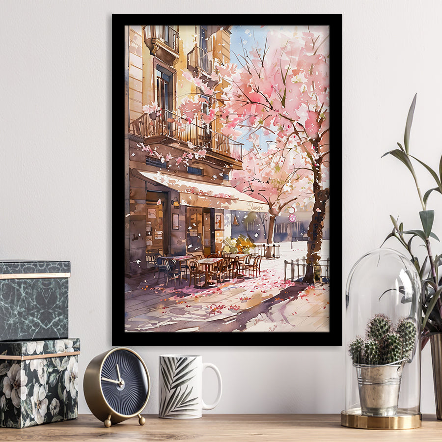 Blossoming Cherry Street Scence Springtime Serenade, Café Spring Watercolor, Framed Art Print, Fine Art Wall Decor
