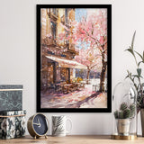 Blossoming Cherry Street Scence Springtime Serenade, Café Spring Watercolor, Framed Art Print, Fine Art Wall Decor