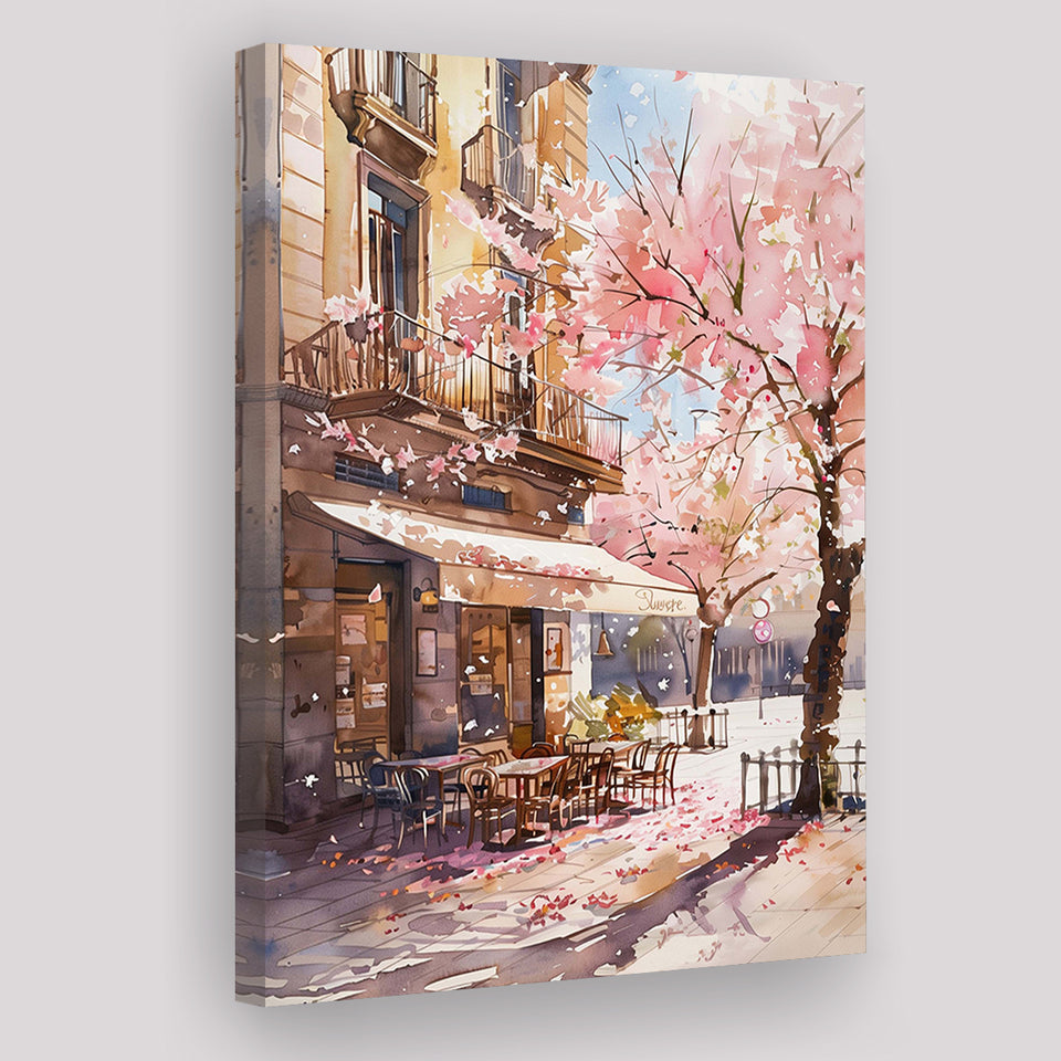 Blossoming Cherry Street Scen,E Springtime Serenade, Café Printable Spring Watercolor, Canvas Print Wall Art, Wall Decor