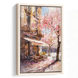 Blossoming Cherry Street Scence Springtime Serenade, Café Spring Watercolor, Framed Canvas Print, Floating Frame