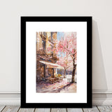 Blossoming Cherry Street Scence Springtime Serenade, Café Spring Watercolor, Framed Art Print White Border