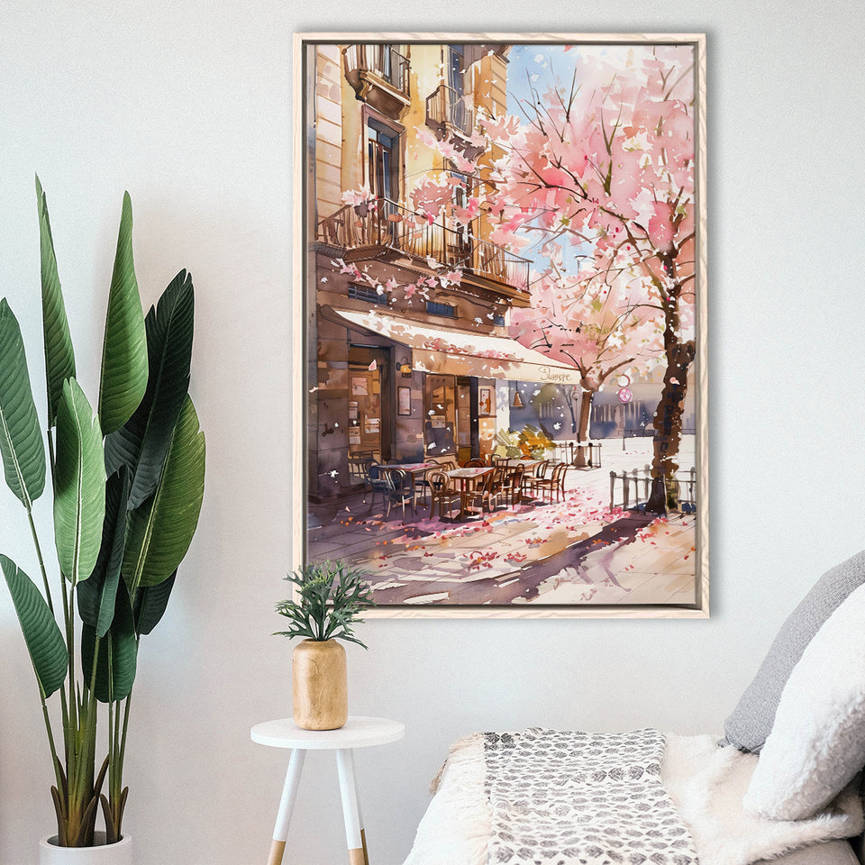 Blossoming Cherry Street Scence Springtime Serenade, Café Spring Watercolor, Framed Canvas Print, Floating Frame