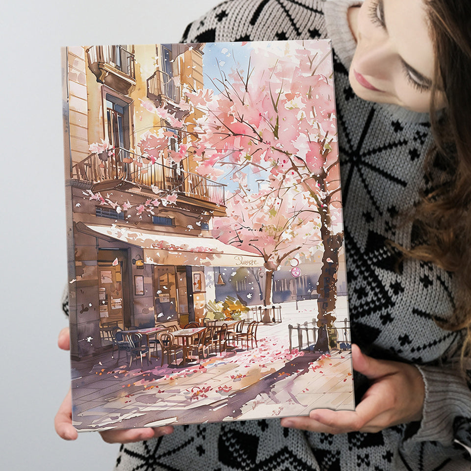 Blossoming Cherry Street Scen,E Springtime Serenade, Café Printable Spring Watercolor, Canvas Print Wall Art, Wall Decor