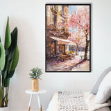Blossoming Cherry Street Scence Springtime Serenade, Café Spring Watercolor, Framed Canvas Print, Floating Frame