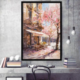Blossoming Cherry Street Scence Springtime Serenade, Café Spring Watercolor, Framed Art Print, Fine Art Wall Decor