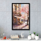 Blossoming Cherry Street Scence Springtime Serenade, Café Spring Watercolor, Framed Canvas Print, Floating Frame