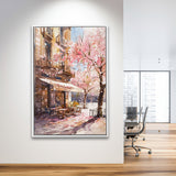 Blossoming Cherry Street Scence Springtime Serenade, Café Spring Watercolor, Framed Canvas Print, Floating Frame