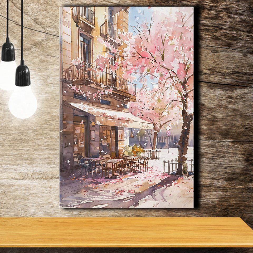 Blossoming Cherry Street Scen,E Springtime Serenade, Café Printable Spring Watercolor, Canvas Print Wall Art, Wall Decor