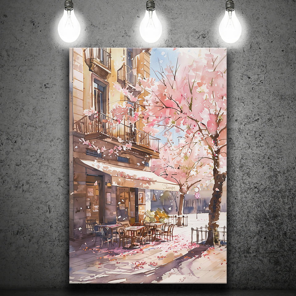 Blossoming Cherry Street Scen,E Springtime Serenade, Café Printable Spring Watercolor, Canvas Print Wall Art, Wall Decor