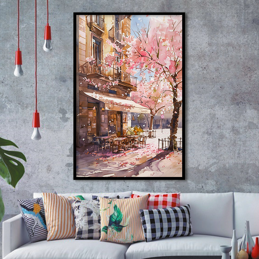 Blossoming Cherry Street Scence Springtime Serenade, Café Spring Watercolor, Framed Art Print, Fine Art Wall Decor
