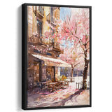 Blossoming Cherry Street Scence Springtime Serenade, Café Spring Watercolor, Framed Canvas Print, Floating Frame