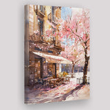 Blossoming Cherry Street Scen,E Springtime Serenade, Café Printable Spring Watercolor, Canvas Print Wall Art, Wall Decor