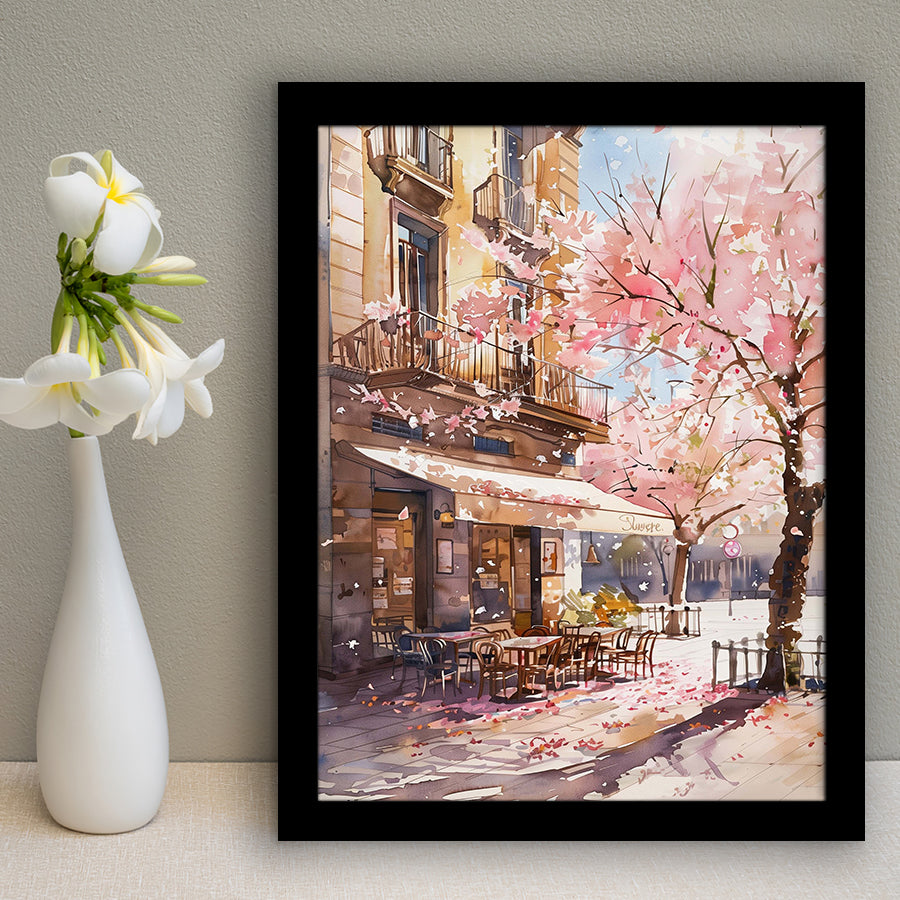 Blossoming Cherry Street Scence Springtime Serenade, Café Spring Watercolor, Framed Art Print, Fine Art Wall Decor