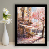 Blossoming Cherry Street Scence Springtime Serenade, Café Spring Watercolor, Framed Art Print, Fine Art Wall Decor