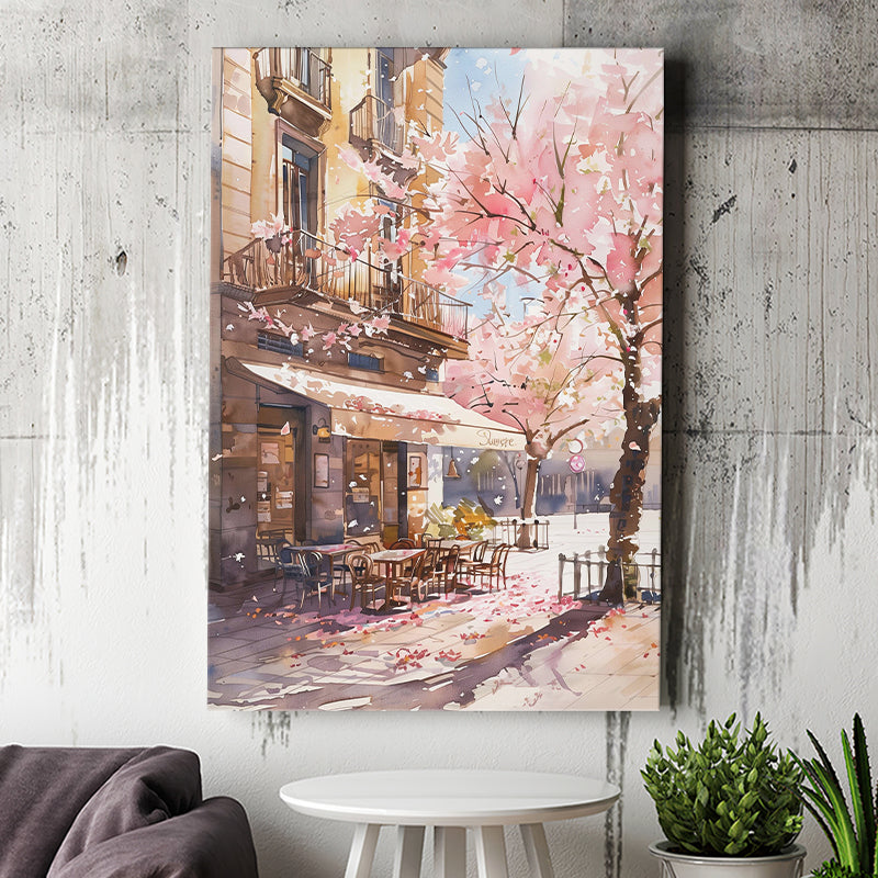 Blossoming Cherry Street Scen,E Springtime Serenade, Café Printable Spring Watercolor, Canvas Print Wall Art, Wall Decor