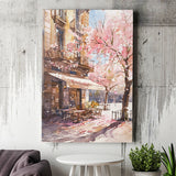 Blossoming Cherry Street Scen,E Springtime Serenade, Café Printable Spring Watercolor, Canvas Print Wall Art, Wall Decor