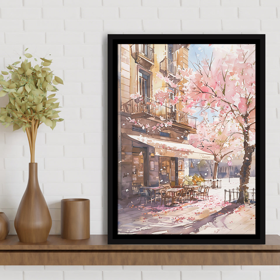 Blossoming Cherry Street Scence Springtime Serenade, Café Spring Watercolor, Framed Canvas Print, Floating Frame