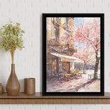 Blossoming Cherry Street Scence Springtime Serenade, Café Spring Watercolor, Framed Canvas Print, Floating Frame