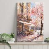 Blossoming Cherry Street Scen,E Springtime Serenade, Café Printable Spring Watercolor, Canvas Print Wall Art, Wall Decor