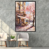 Blossoming Cherry Street Scence Springtime Serenade, Café Spring Watercolor, Framed Canvas Print, Floating Frame
